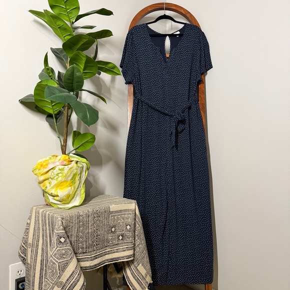 J. Jill Pants - J. Jill 2X Navy Blue Polka Dot Wide Leg Belted Jumpsuit